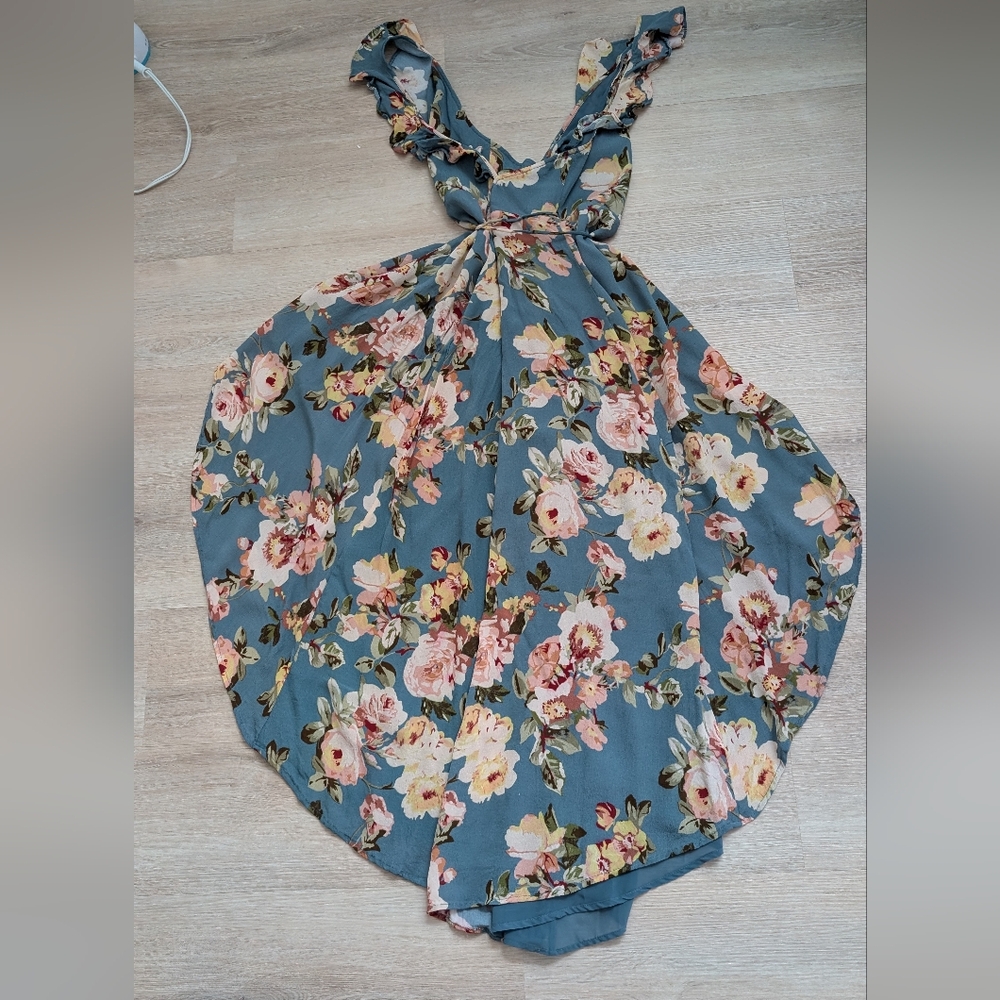 Privacy Please Dusty Blue Floral High-Low Ruffle Dress - Picture 2 of 4